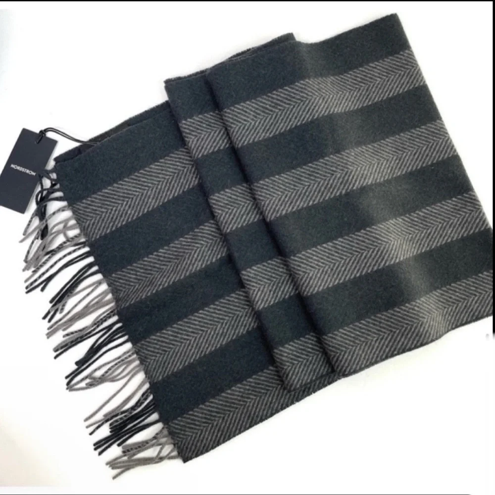NORDSTROM Cashmere Wool Twill Scarf NEW Gray Grey Frost Zig Zag NEW With Tag